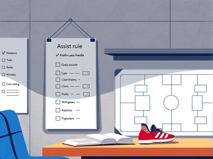 Assist-rule checklist beside a blank fixture grid on a football analysis desk