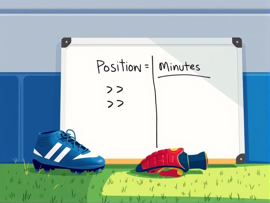 Football boots and goalkeeper glove beside a whiteboard marked position and minutes