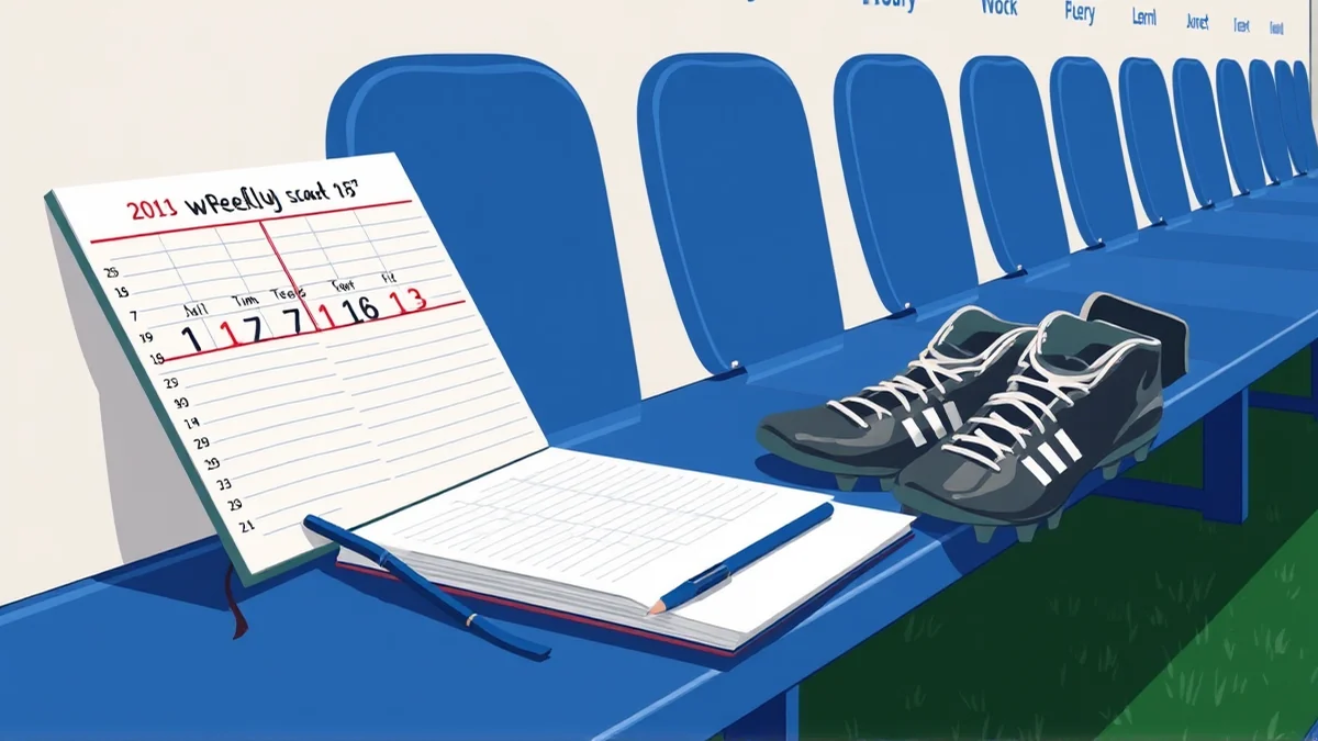 Notebook showing a simple weekly time boundary beside boots on a changing-room bench
