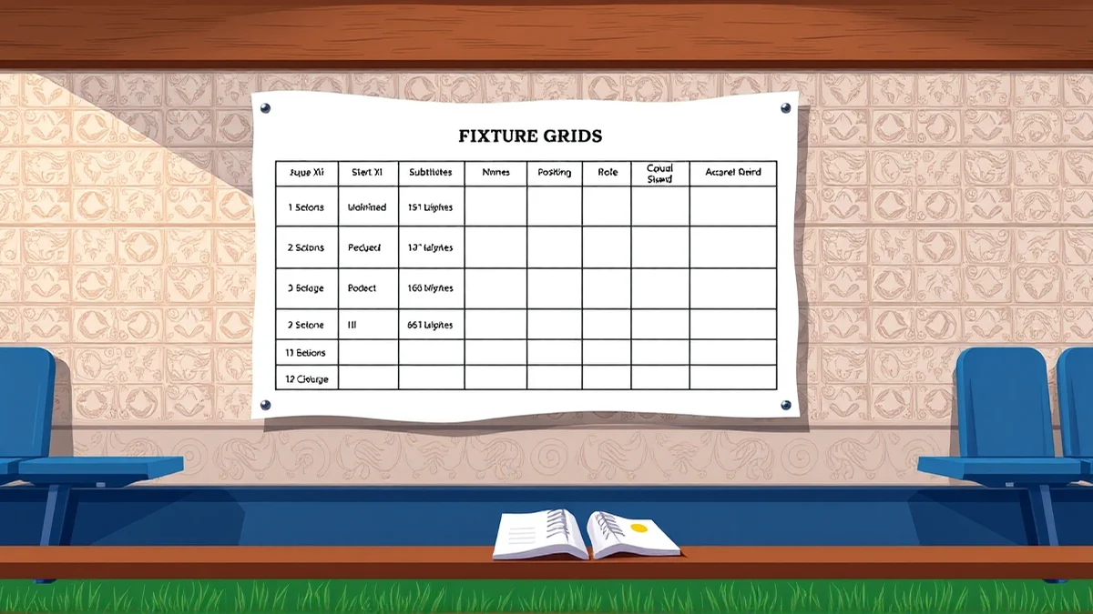 Printed squad grid with starting XI and substitutes columns, position notes and a blank budget line